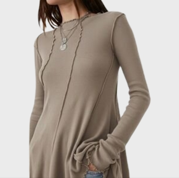 Free People We The Free Raw Lettuce Hem Tunic Dress Taupe – Size Medium - Picture 1 of 13